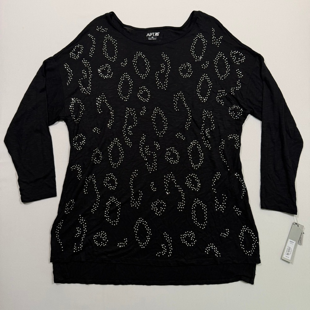 Apt 9 Top 0X Black Rayon Studded Leopard Print Tee Plus Size Bling